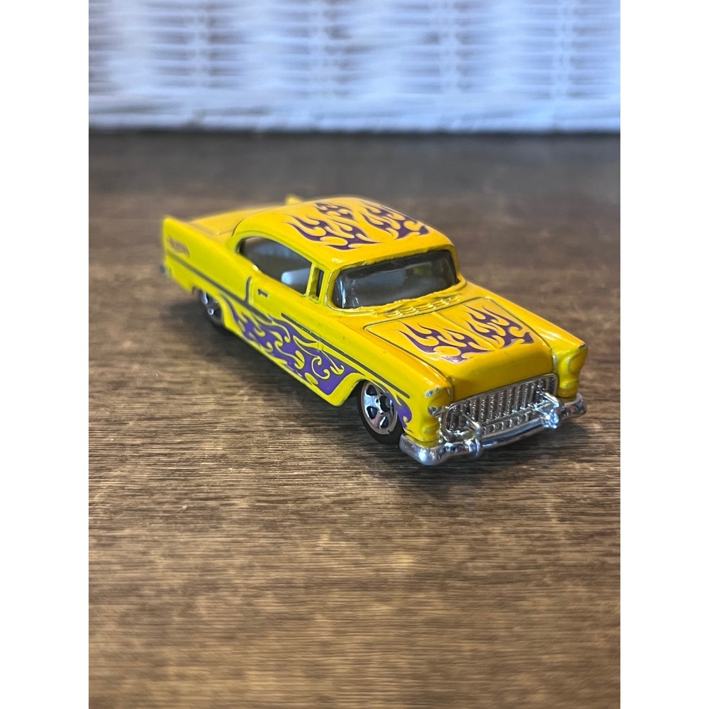 Hot Wheels 2018 Flames Series '55 Chevy Yellow W Purple Flames Loose Die Cast